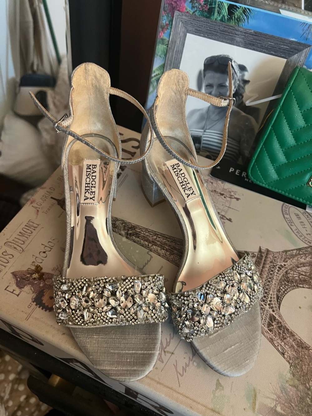 Badgley Mischka Silver Jeweled Ankle-Strap Block Heels